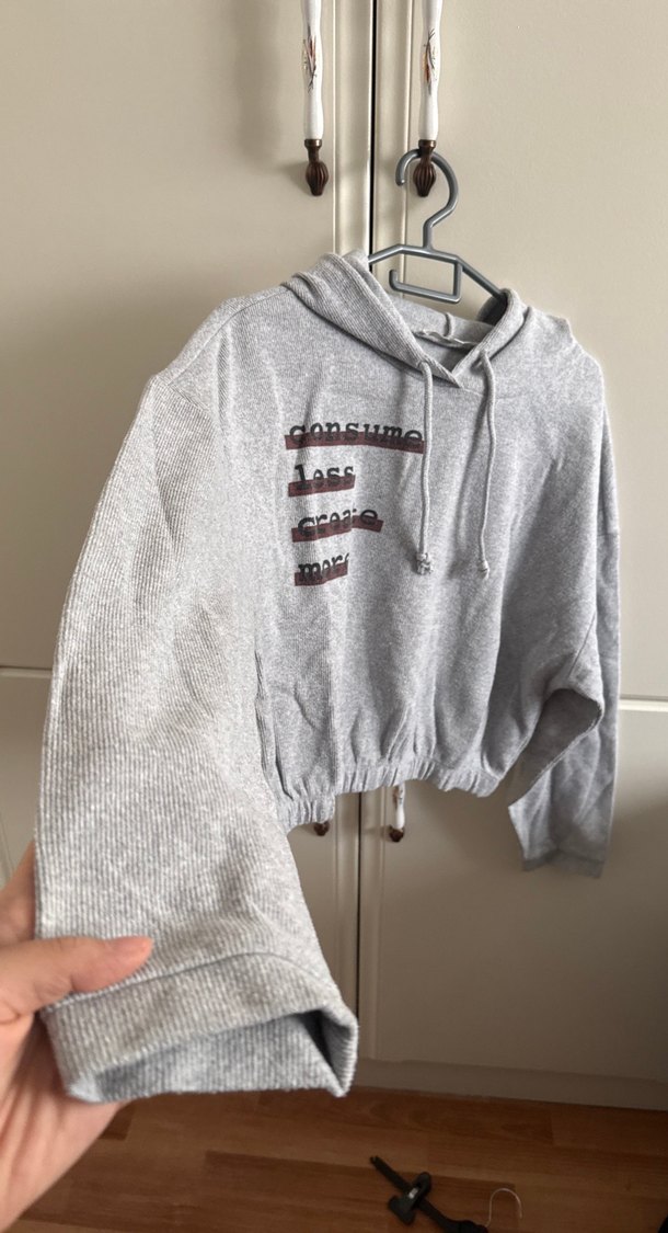Gri fitilli Kadın Kapüşonlu Sweatshirt - Görsel 2