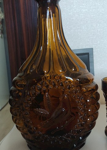 Beden Koyu Kahverengi Vintage Cam Sürahi ve 4 Bardak