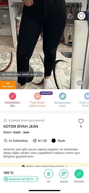 KOTON SİYAH JEAN