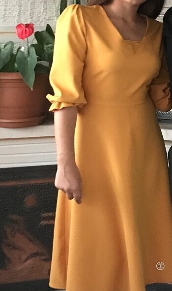 Hardal rengi koton elbise - Görsel 5