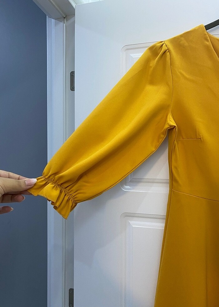 Hardal rengi koton elbise - Görsel 4