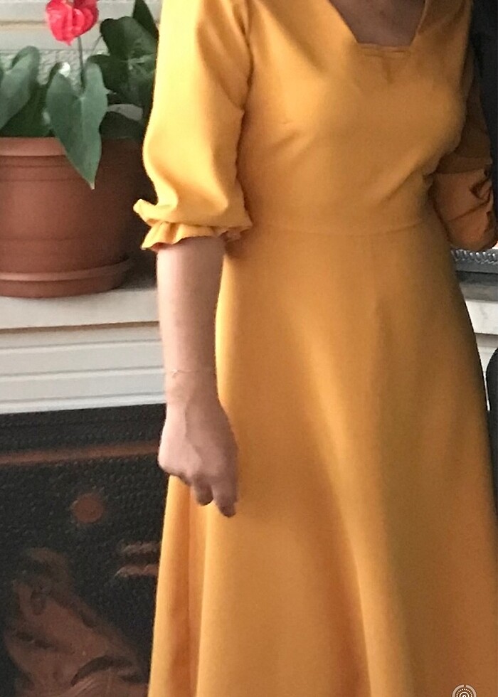 Hardal rengi koton elbise - Görsel 5