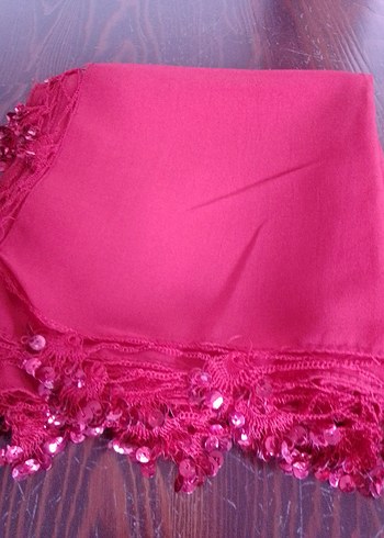 Kırmızı pul oyalı yazma fular kumaş krep - Görsel 3