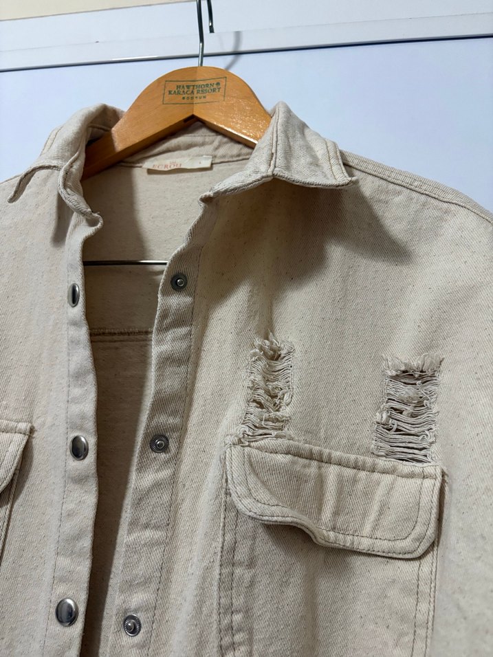 Düğmeli Bej Kadın Ceket - Görsel 4