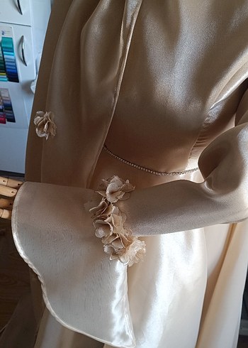 Bej İşlemeli Uzun Kollu Uzun Elbise - Görsel 3