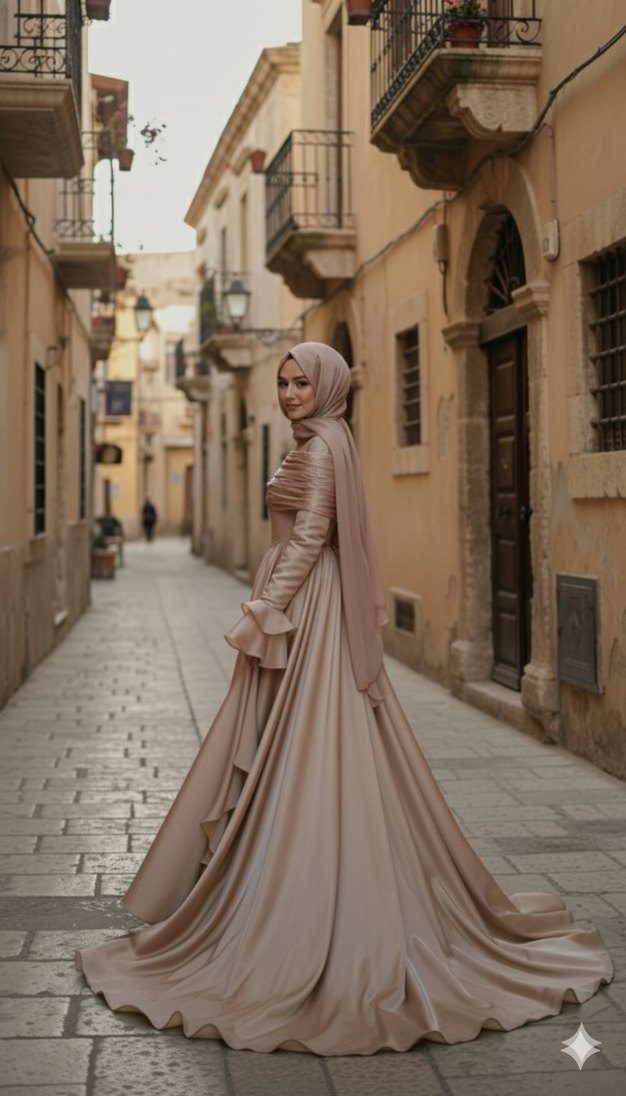 Bej Uzun Kollu Drapeli Kadın Abiye - Görsel 2