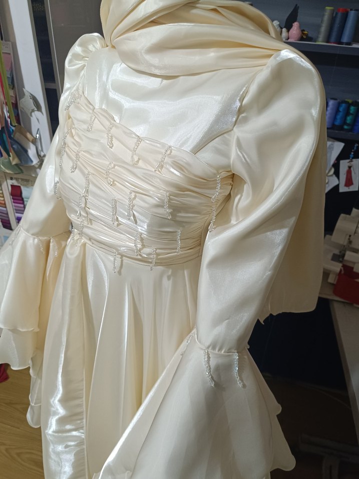 Uzun Beyaz Vintage Gelinlik - Görsel 5