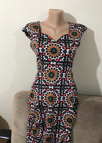 Boncuk İşlemeli Uzun Desenli Kadın Kalem Elbise - Görsel 8