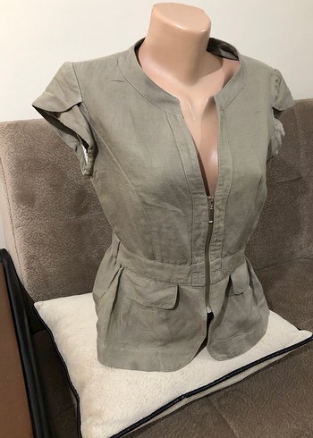 Keten Kumaşlı Kemerli Kısa Kollu Kadın Ceket - Görsel 2