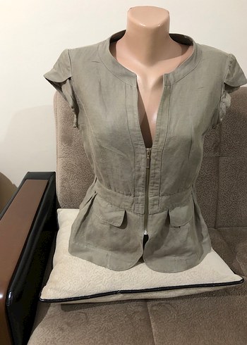 Keten Kumaşlı Kemerli Kısa Kollu Kadın Ceket - Görsel 4