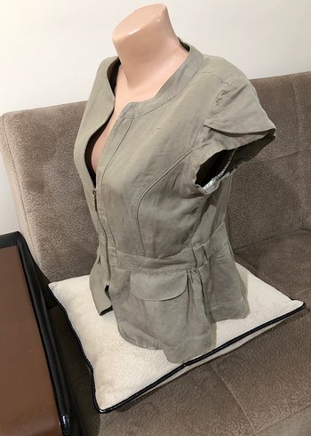 Keten Kumaşlı Kemerli Kısa Kollu Kadın Ceket - Görsel 11