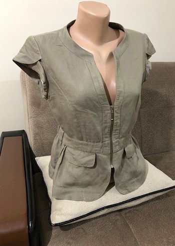 Keten Kumaşlı Kemerli Kısa Kollu Kadın Ceket - Görsel 14