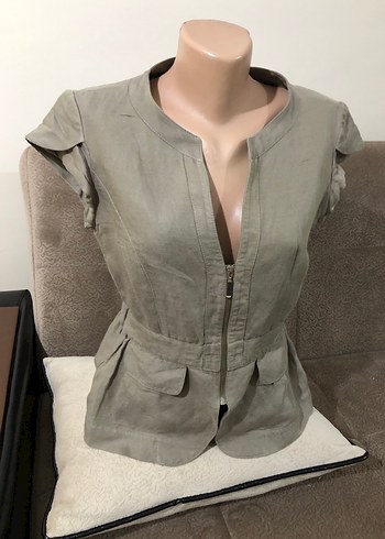 Keten Kumaşlı Kemerli Kısa Kollu Kadın Ceket - Görsel 3