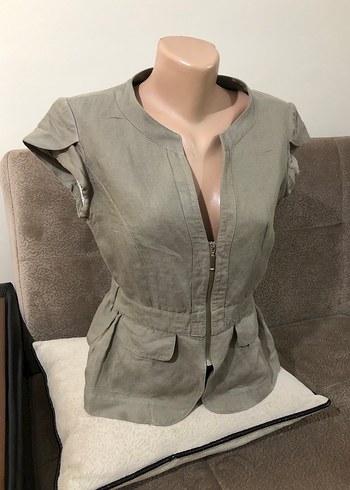 Keten Kumaşlı Kemerli Kısa Kollu Kadın Ceket - Görsel 5