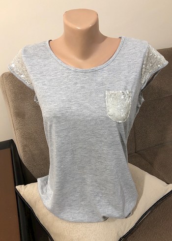 Kısa Kollu Gri Dantel Detaylı Kadın Bluz - Görsel 5