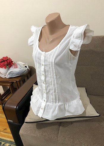 Düğmeli Beyaz Pamuklu Bohem Mini Bluz - Görsel 4