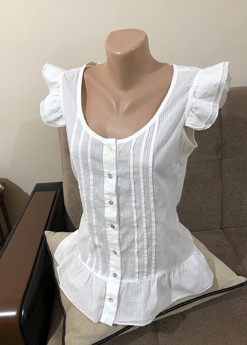 Düğmeli Beyaz Pamuklu Bohem Mini Bluz - Görsel 5