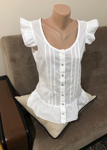 Düğmeli Beyaz Pamuklu Bohem Mini Bluz - Görsel 2