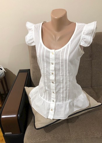 Düğmeli Beyaz Pamuklu Bohem Mini Bluz - Görsel 3