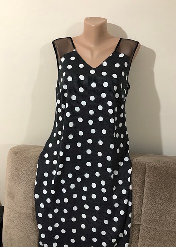 Zincir Detaylı Puantiyeli Siyah Uzun Elbise - Görsel 11