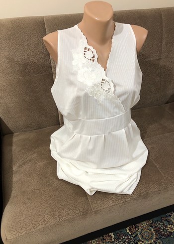 Nakışlı ve Pilili Beyaz Keten Uzun Elbise - Görsel 13