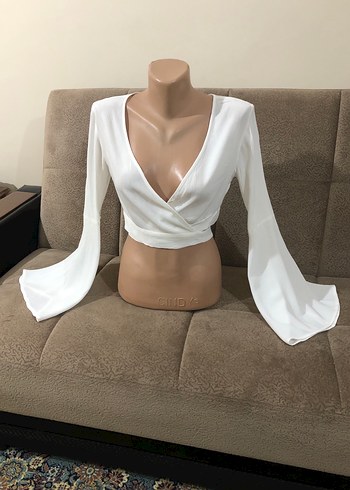 Uzun Kollu Beyaz Mini Drapeli Bluz - Görsel 14