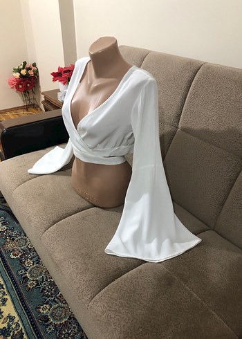 Uzun Kollu Beyaz Mini Drapeli Bluz - Görsel 15