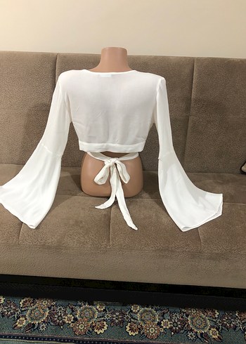 Uzun Kollu Beyaz Mini Drapeli Bluz - Görsel 8