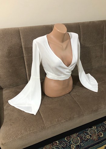 Uzun Kollu Beyaz Mini Drapeli Bluz - Görsel 12