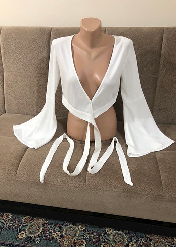 Uzun Kollu Beyaz Mini Drapeli Bluz - Görsel 5