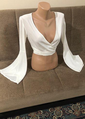 Uzun Kollu Beyaz Mini Drapeli Bluz - Görsel 18