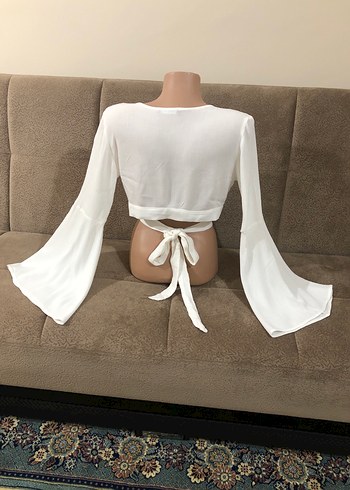 Uzun Kollu Beyaz Mini Drapeli Bluz - Görsel 9