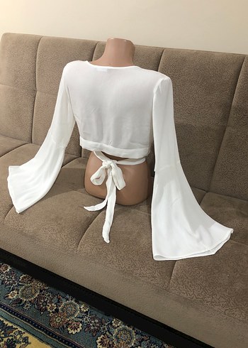 Uzun Kollu Beyaz Mini Drapeli Bluz - Görsel 7