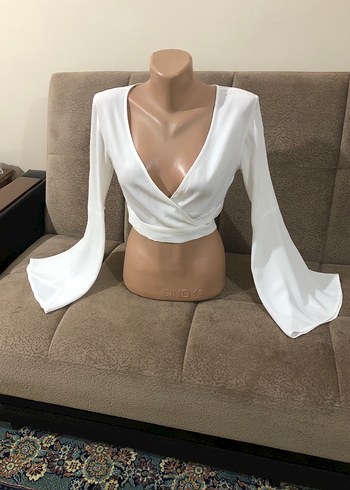 Uzun Kollu Beyaz Mini Drapeli Bluz - Görsel 13