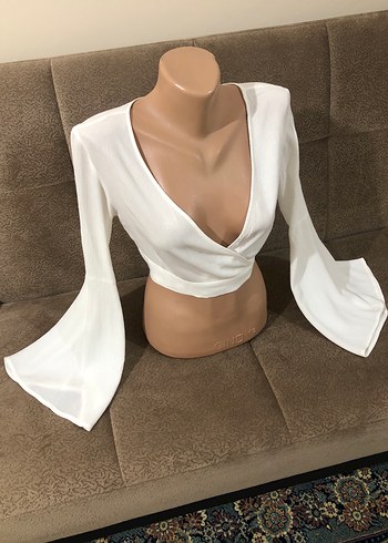 Uzun Kollu Beyaz Mini Drapeli Bluz - Görsel 17