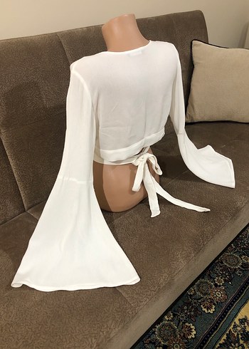 Uzun Kollu Beyaz Mini Drapeli Bluz - Görsel 10