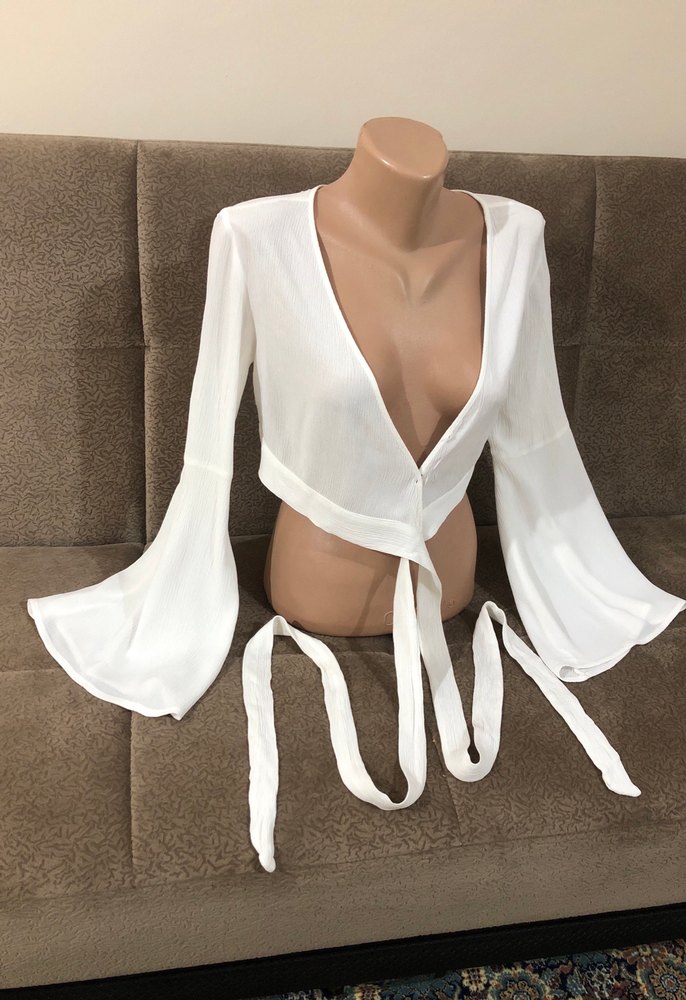Uzun Kollu Beyaz Mini Drapeli Bluz - Görsel 4
