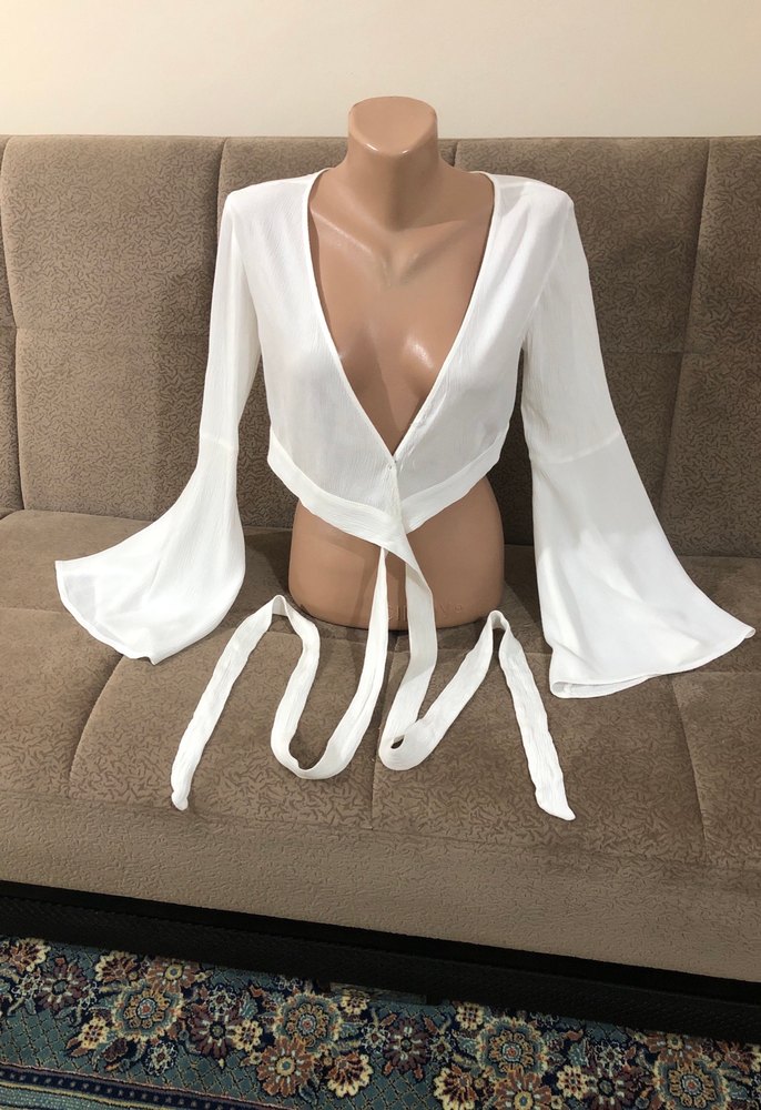 Uzun Kollu Beyaz Mini Drapeli Bluz - Görsel 5