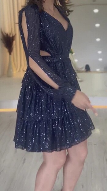 Lacivert payetli abiye elbise - Görsel 2