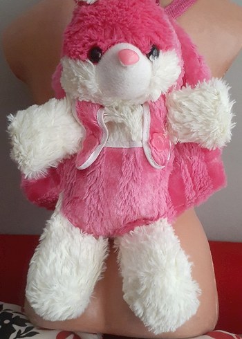 Pembe ve beyaz peluş oyuncak sırt çantası