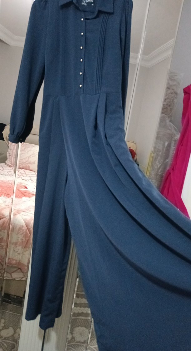 Düğmeli Lacivert Uzun Kadın tulumu - Görsel 4