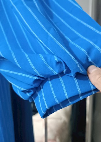 Düğmeli Mavi  çizgili Uzun Kadın Elbise - Görsel 5