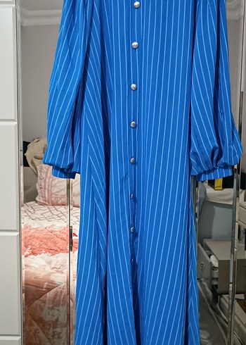 Düğmeli Mavi  çizgili Uzun Kadın Elbise - Görsel 3