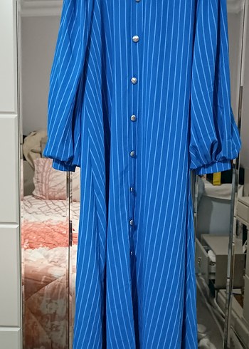 Düğmeli Mavi  çizgili Uzun Kadın Elbise - Görsel 2