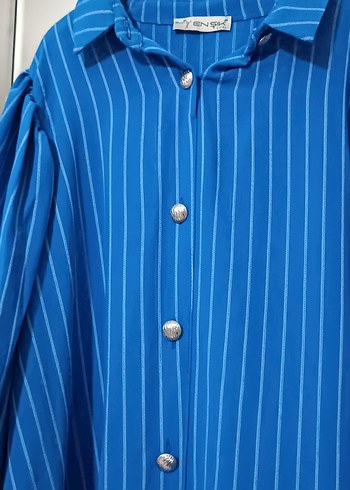 Düğmeli Mavi  çizgili Uzun Kadın Elbise - Görsel 4