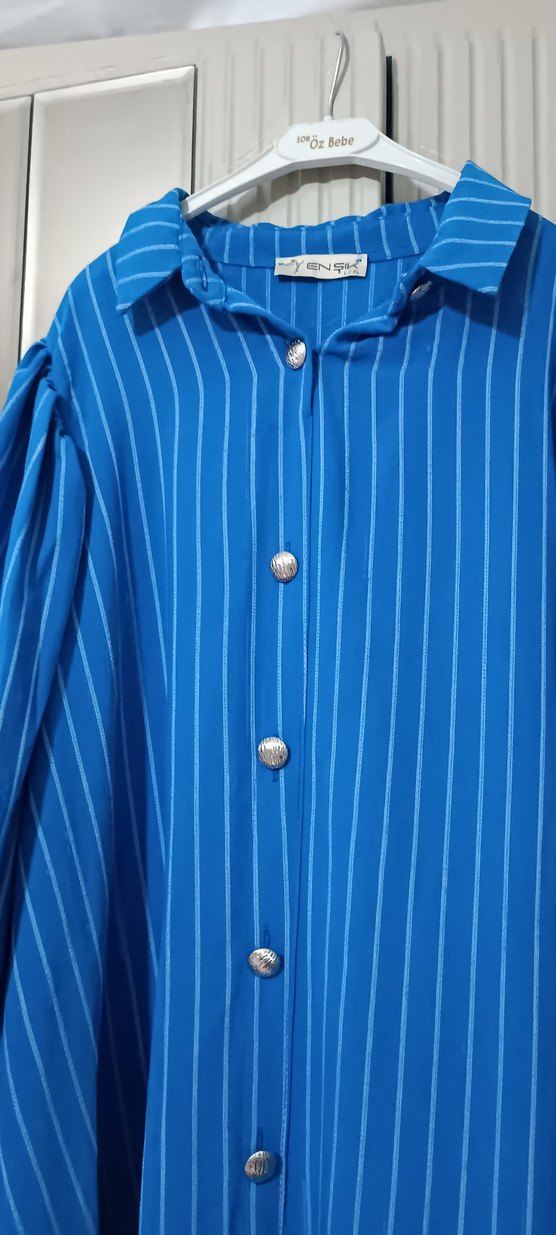 Düğmeli Mavi  çizgili Uzun Kadın Elbise - Görsel 4