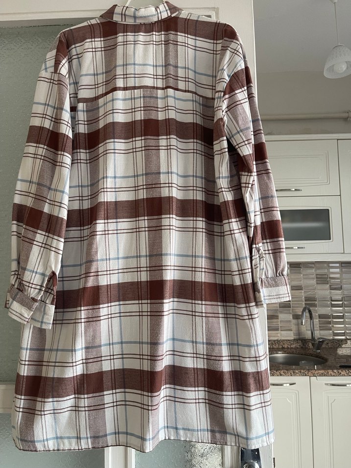 Düğmeli Kahverengi Ekose Gömlek - Görsel 3