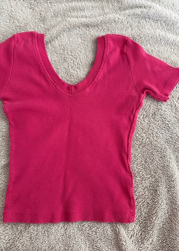 Fuşya renk V Yaka Kısa Kollu Mini Basic Tişört - Görsel 2