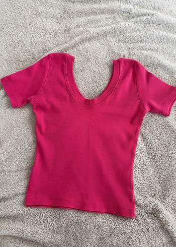 Fuşya renk V Yaka Kısa Kollu Mini Basic Tişört - Görsel 4