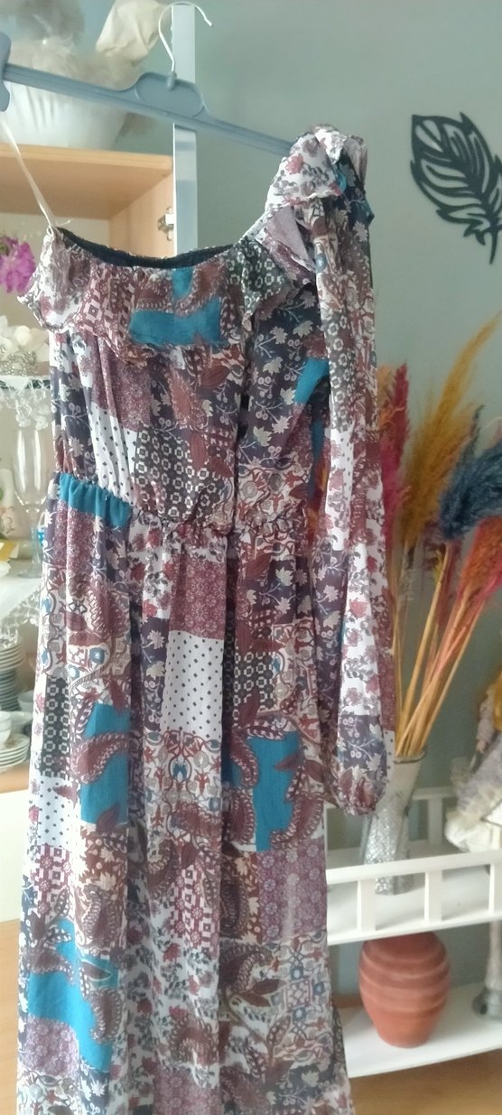 Bohem Çok Renkli Uzun tek omuz Elbise - Görsel 2